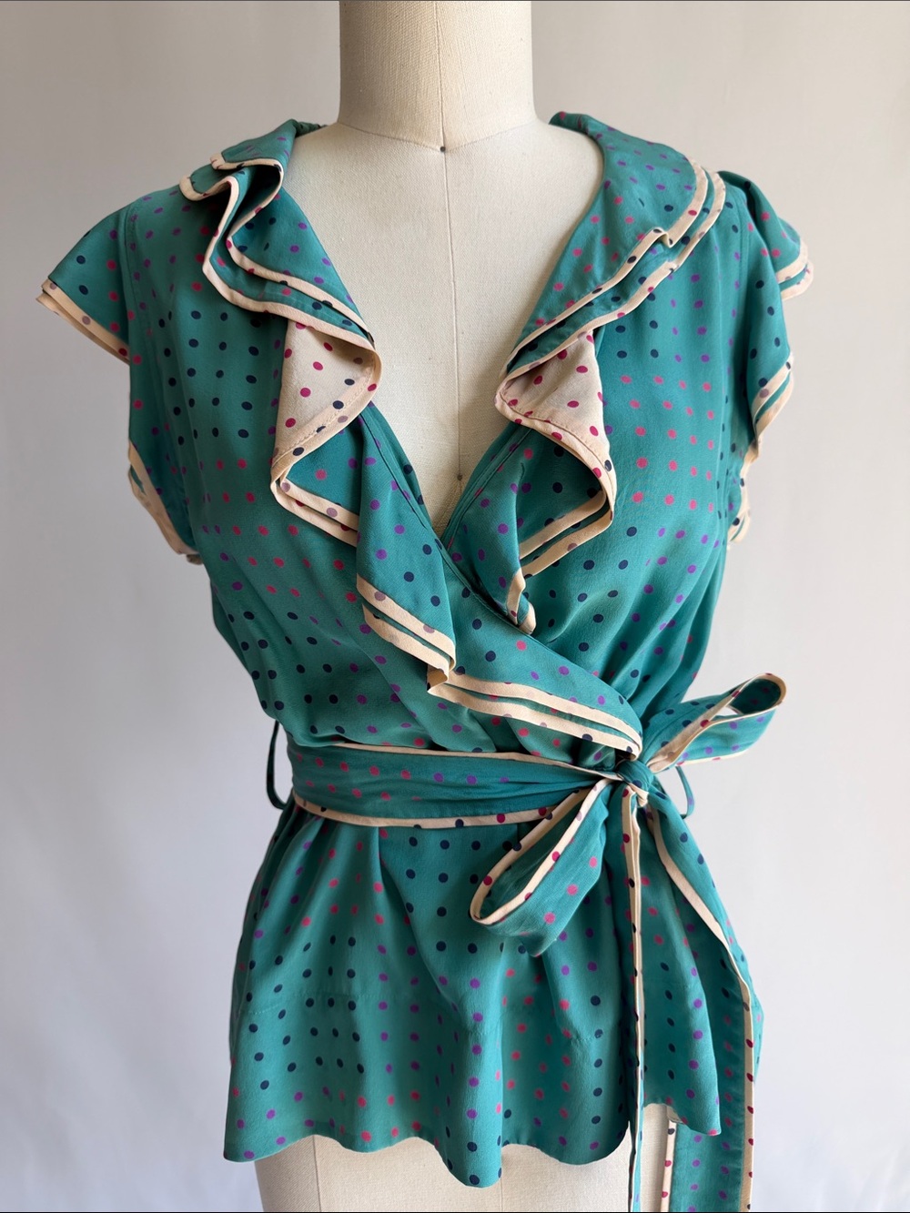 Marc By Marc Jacobs 💯 silk Teal Polka Dot Ruffle Wrap Top